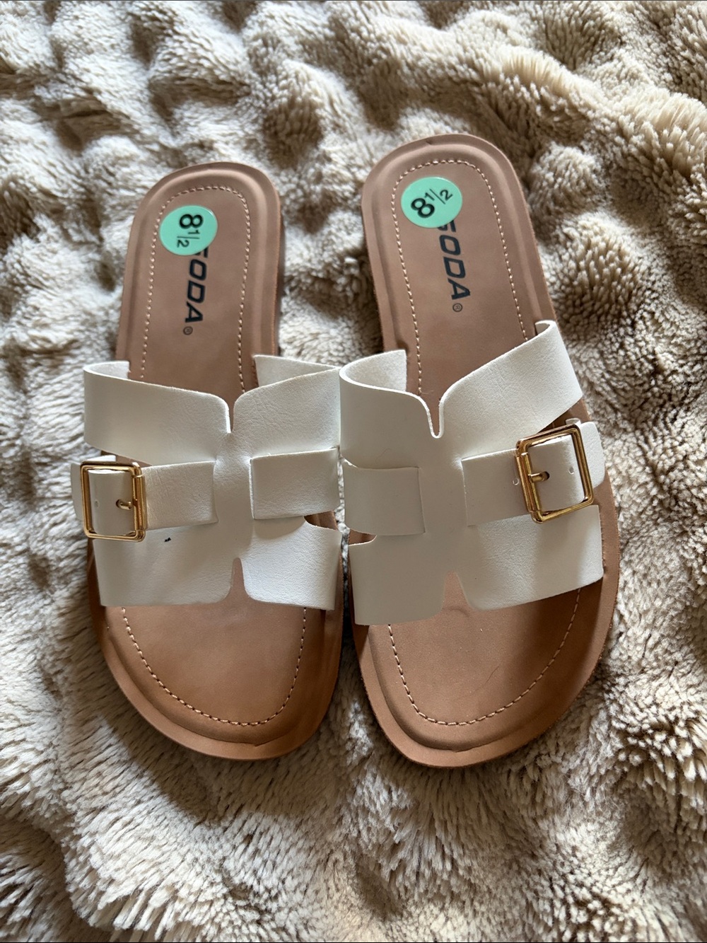 Soda White Slide Sandals with Gold Buckle